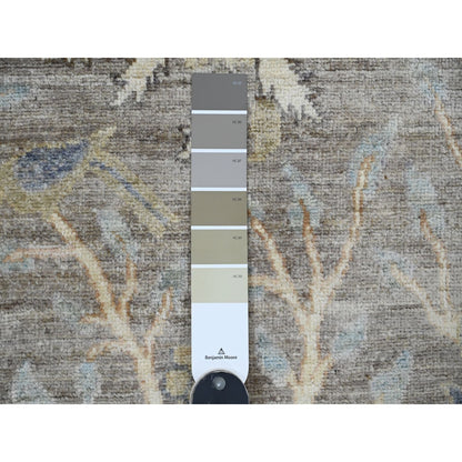 2'8"X11'10" Brown Peshawar Birds Design Hand Knotted Soft Wool Runner Rug