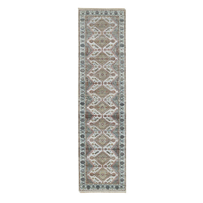 2'6"X9'9" Anti-Flash White Unique Flower Border Runner Oriental Rug