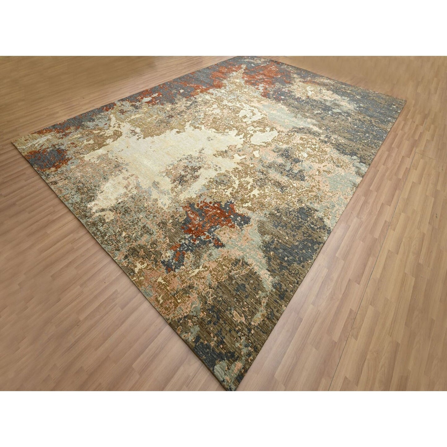 10'X13'10" Gray With Beige Abstract Design Pure Wool Hand Knotted Rug