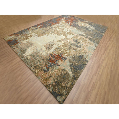 10'X13'10" Gray With Beige Abstract Design Pure Wool Hand Knotted Rug