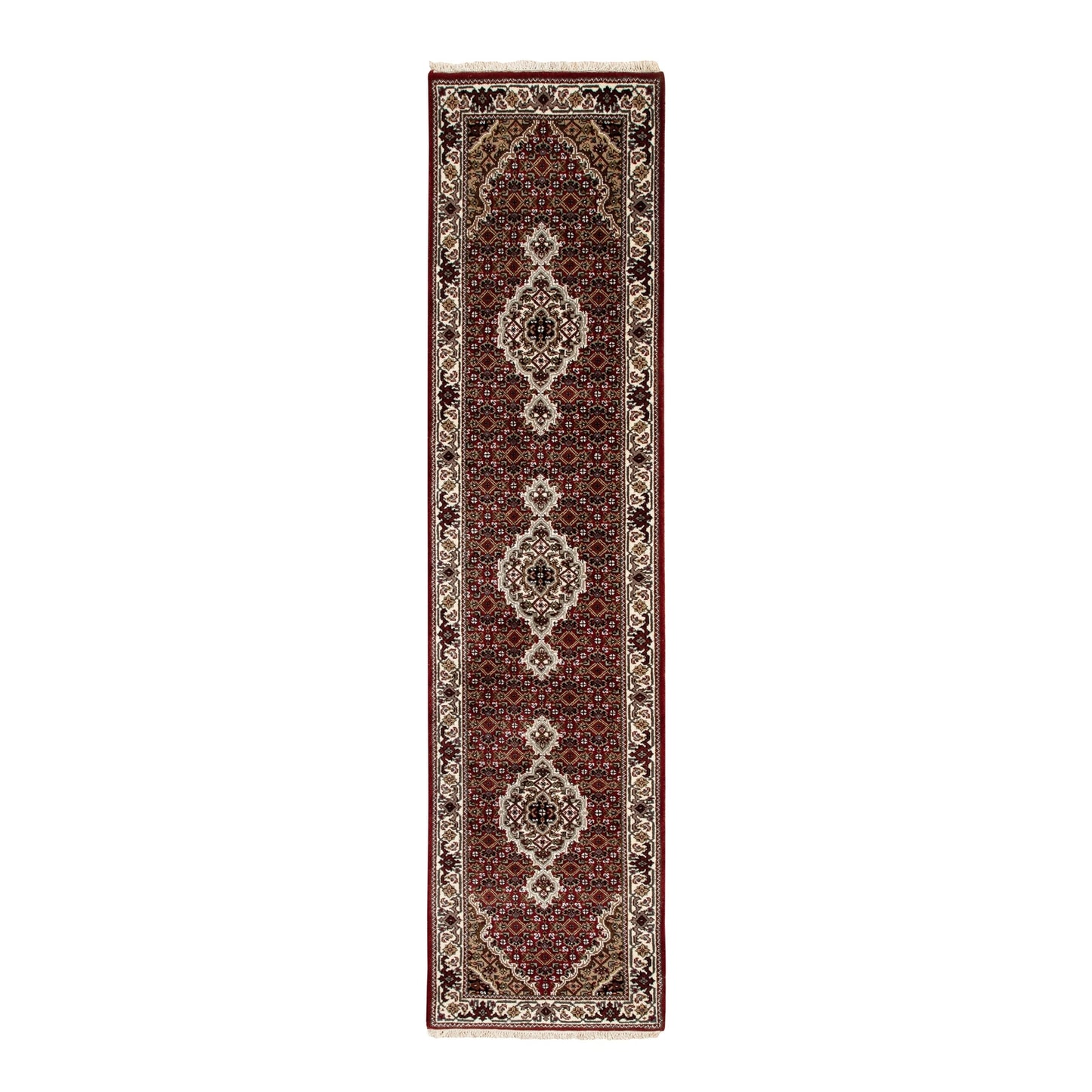 2'X8' Red Hand Knotted Fish Design Tebraz Mahi Wool And Silk Runner Rug