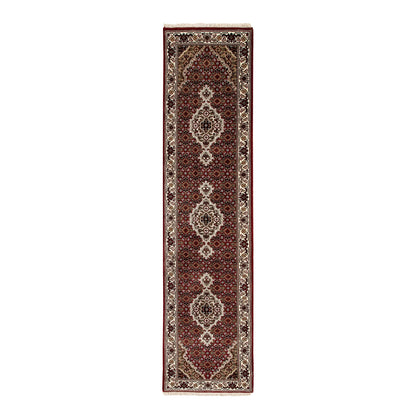 2'X8' Red Hand Knotted Fish Design Tebraz Mahi Wool And Silk Runner Rug