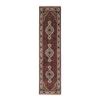 2'X8' Red Hand Knotted Fish Design Tebraz Mahi Wool And Silk Runner Rug