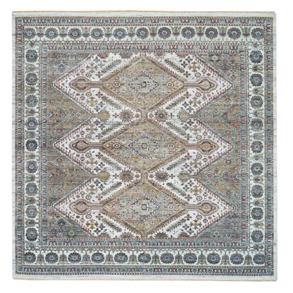9'10"X10' Ivory Wool Hand Knotted Flower Rosettes Border Oriental Rug