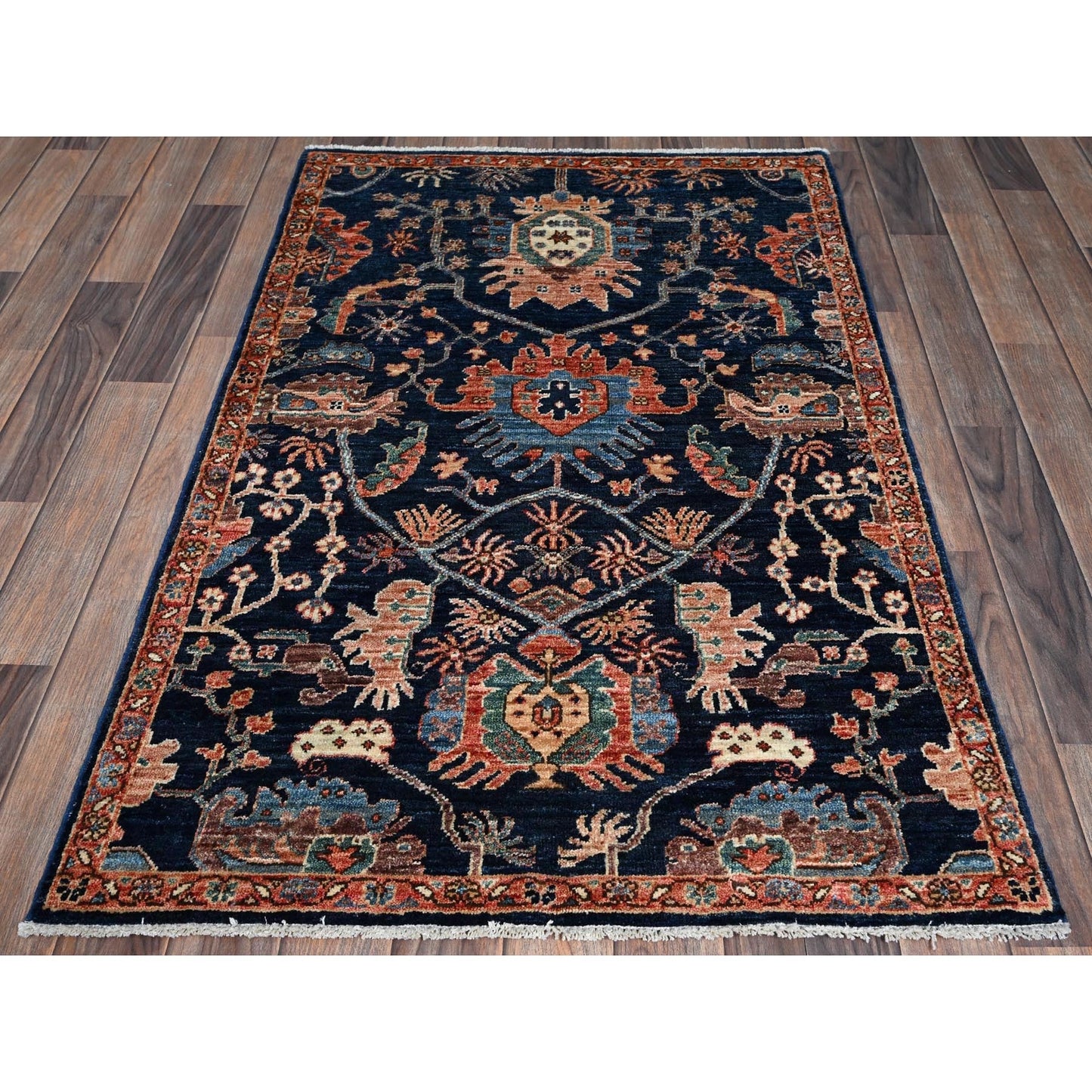 3'X4'10" Midnight Blue Heris All Over Design Hand Knotted Soft Wool Rug