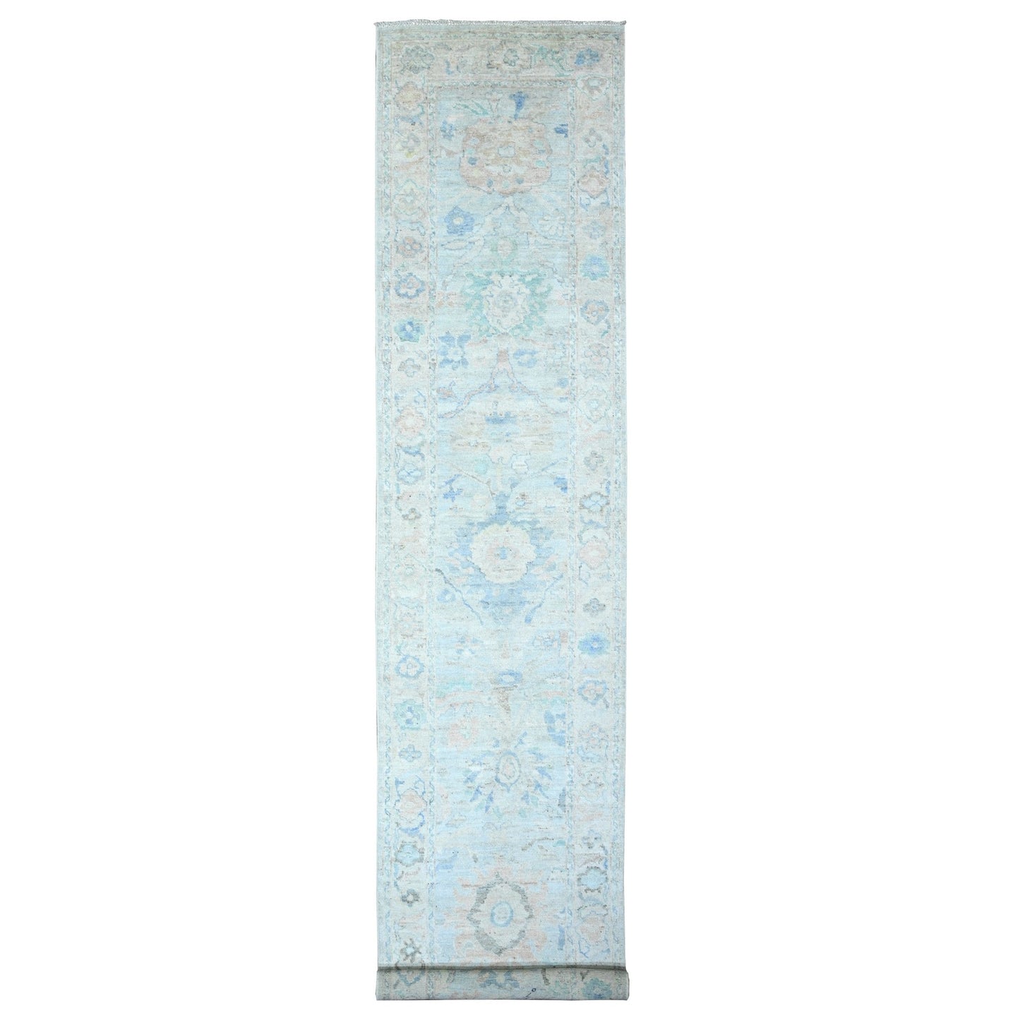 3'X15'9" Oyster Shell Gray Hand Knotted Angora Oushak Wool Xl Runner Rug