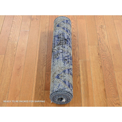2'7"X8'3" Blue Broken And Erased Silk With Wool Hand Knotted Runner Rug
