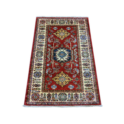 2'7"x4' Red Afghan Super Kazak Medallions Design Hand Knotted Wool Rug