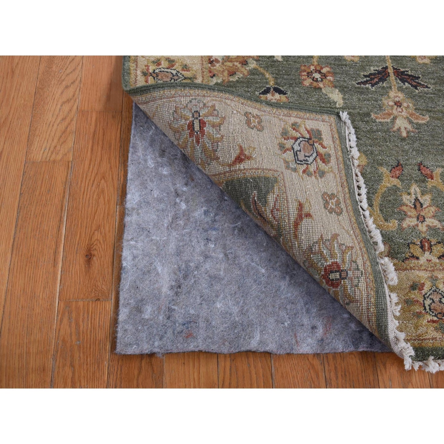 3'6"X32'2" Moss Green Pure Wool Hard Twist Agra Runner Hand Knotted Rug
