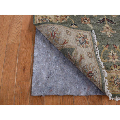 3'6"X32'2" Moss Green Pure Wool Hard Twist Agra Runner Hand Knotted Rug