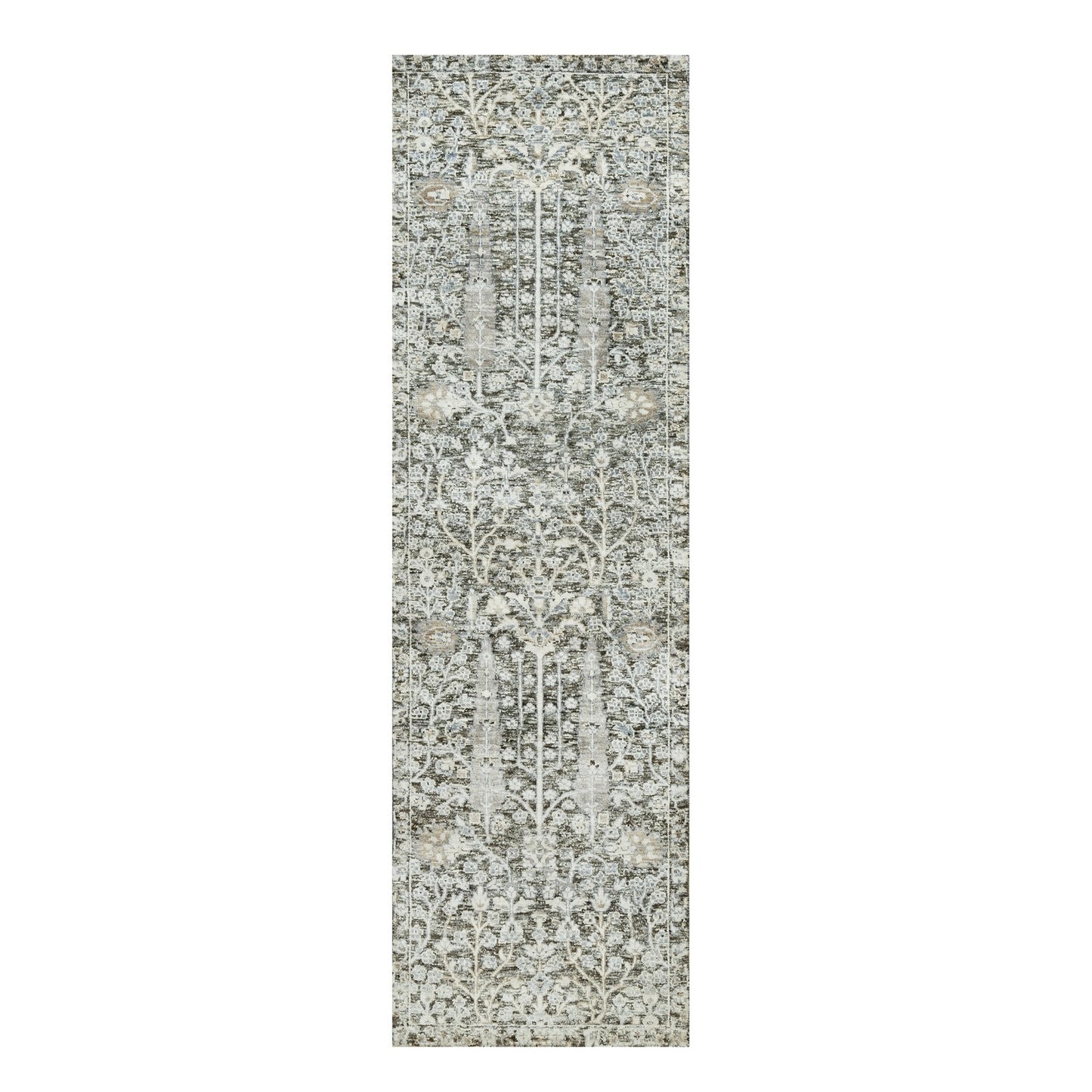 2'4"X8'1" Gray Hand Knotted Silk And Wool Willow And Cypress Tree Rug