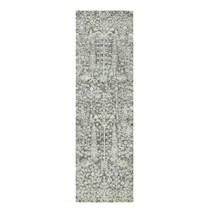 2'4"X8'1" Gray Hand Knotted Silk And Wool Willow And Cypress Tree Rug