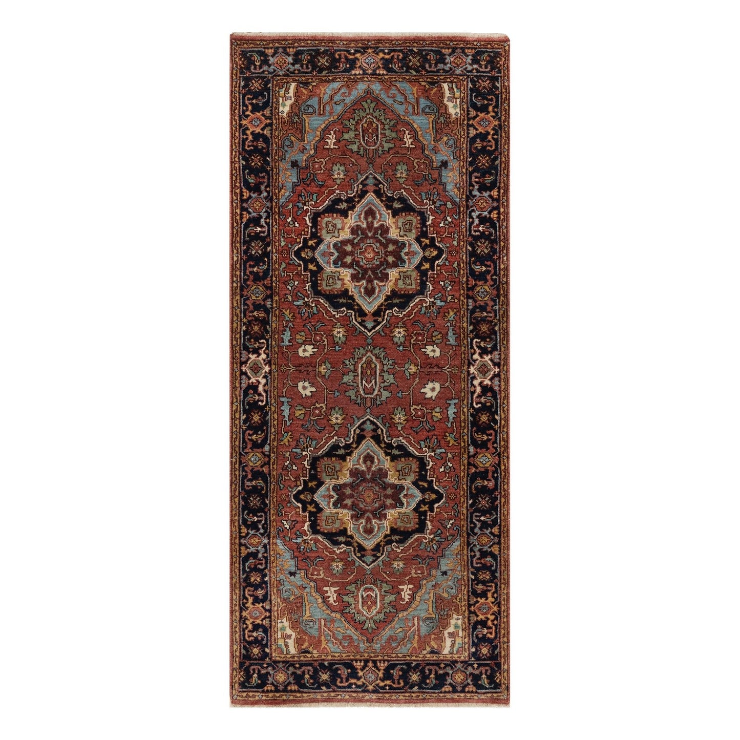 2'7"X6'1" Red Antiqued Heris Re-Creation All Wool Hand Knotted Runner Rug