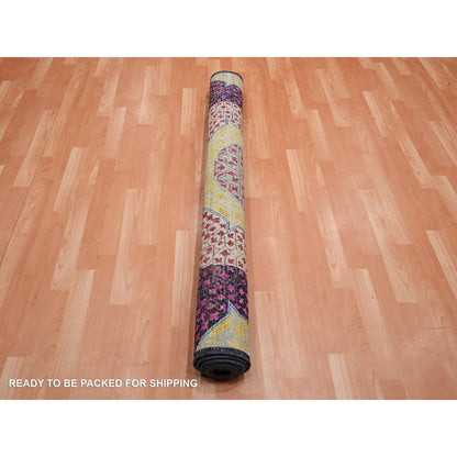 5'1"X7'4" Pink With Yellow Mamluk Design Silk With Wool Hand Knotted Rug