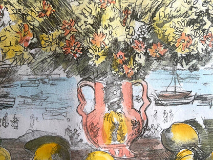 Michele Cascella "Vase Of Flowers In Portofino" Watercolor Engraving Signed