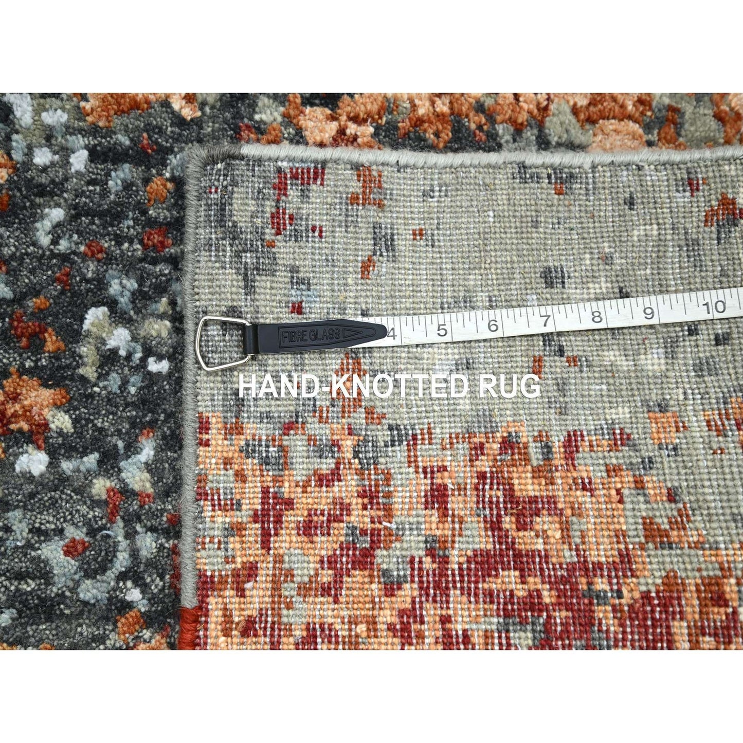 Rug 4'x6'2" Gray with Orange Abstract Design Pure Wool Hand Knotted