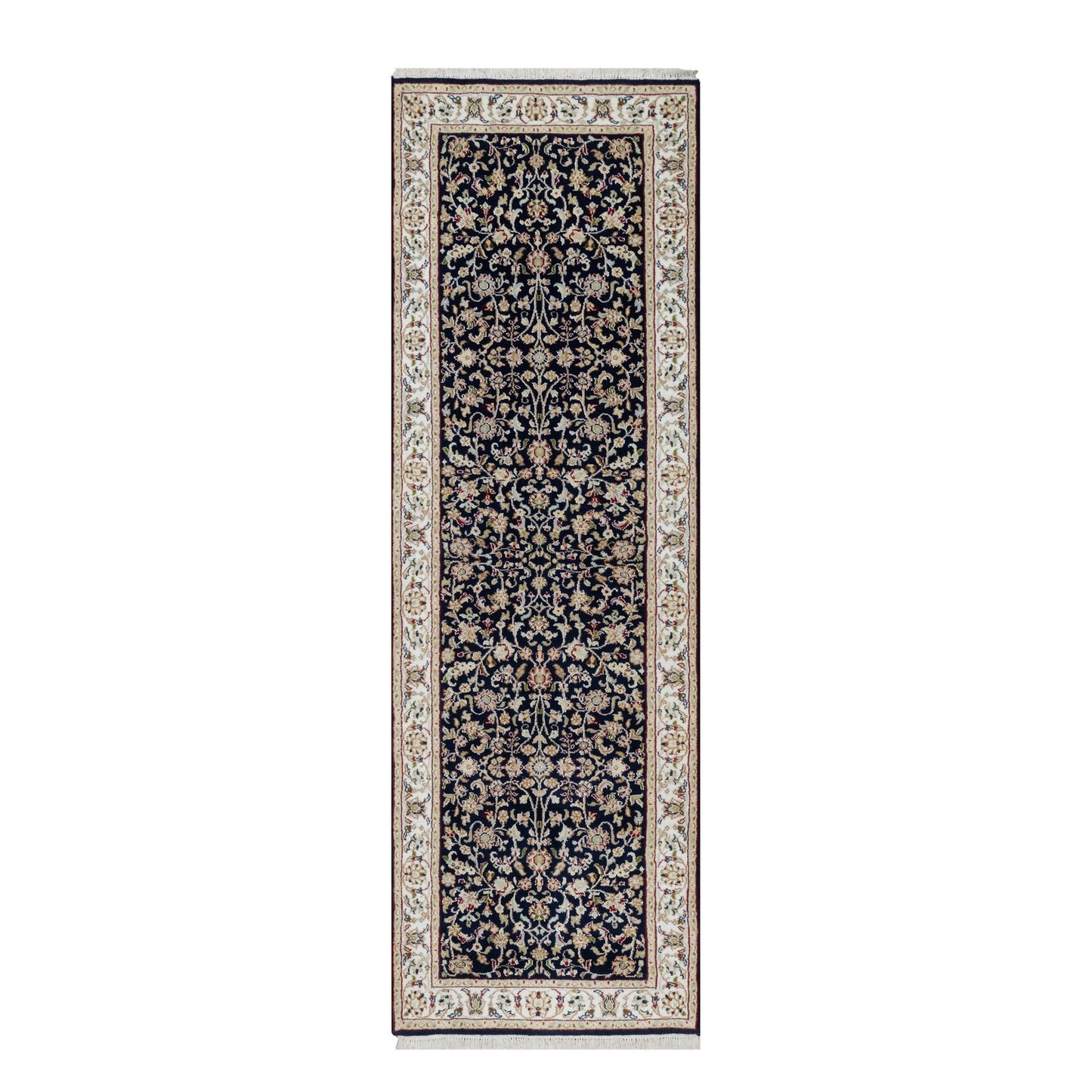 2'7"X8'1" Midnight Blue Wool And Silk Nain Hand Knotted Runner Rug