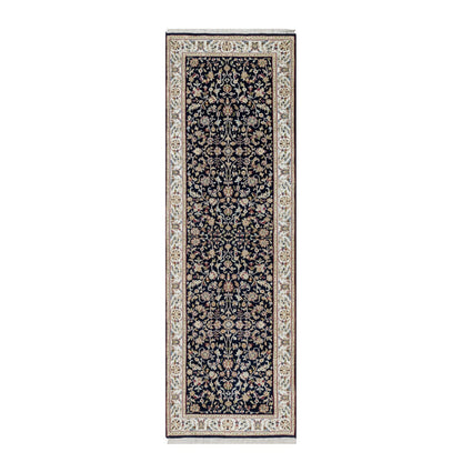 2'7"X8'1" Midnight Blue Wool And Silk Nain Hand Knotted Runner Rug