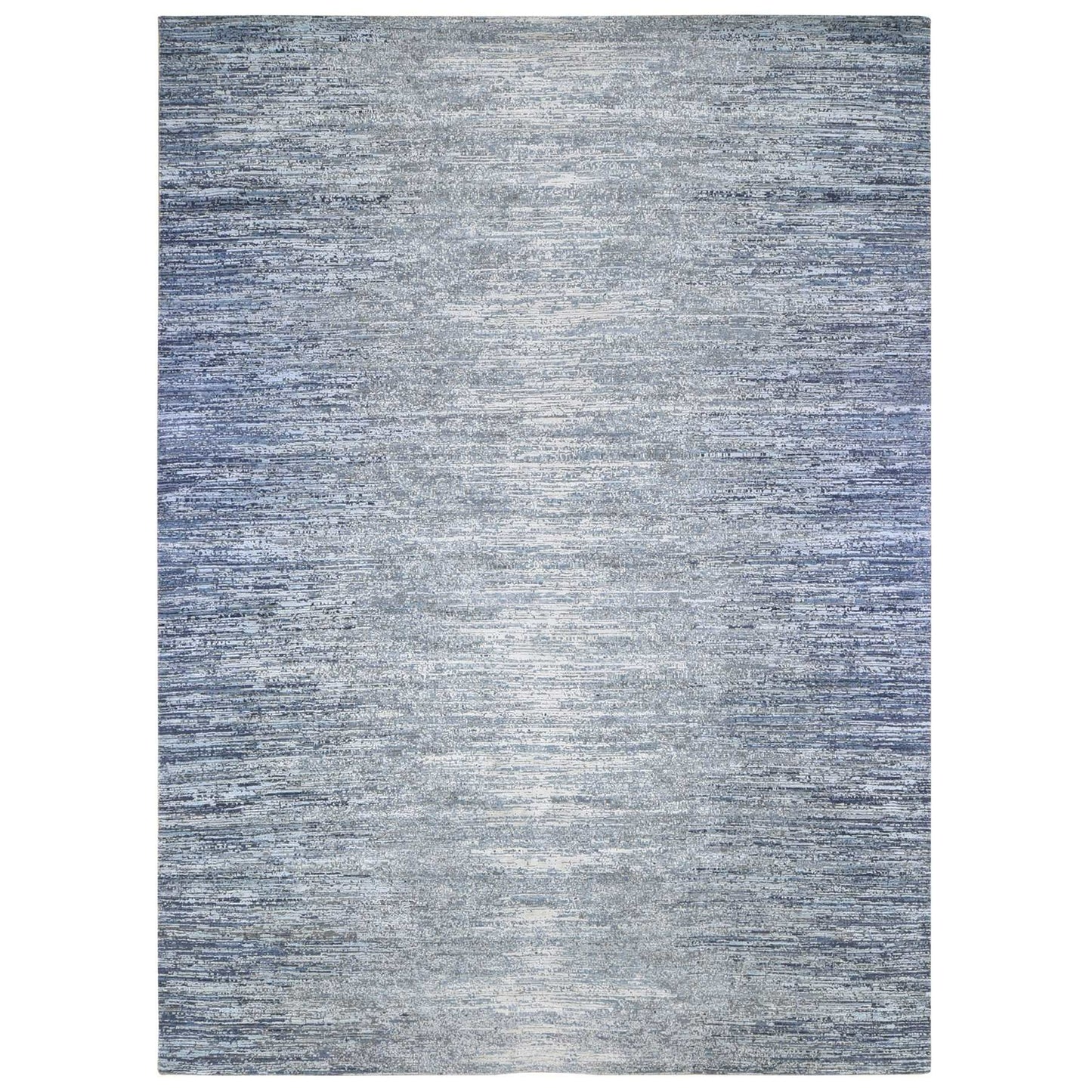 10'x14' Horizontal Ombre Design Hand Knotted Denim Blue Wool and Silk Rug