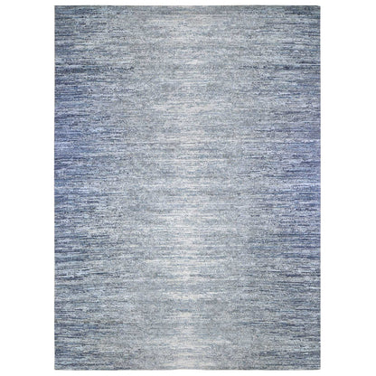 10'x14' Horizontal Ombre Design Hand Knotted Denim Blue Wool and Silk Rug