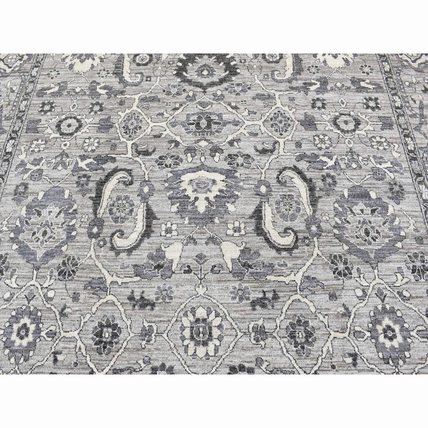 9'1"X12'3" Gray Peshawar Sultanabad All Over Design Hand Knotted Wool Rug