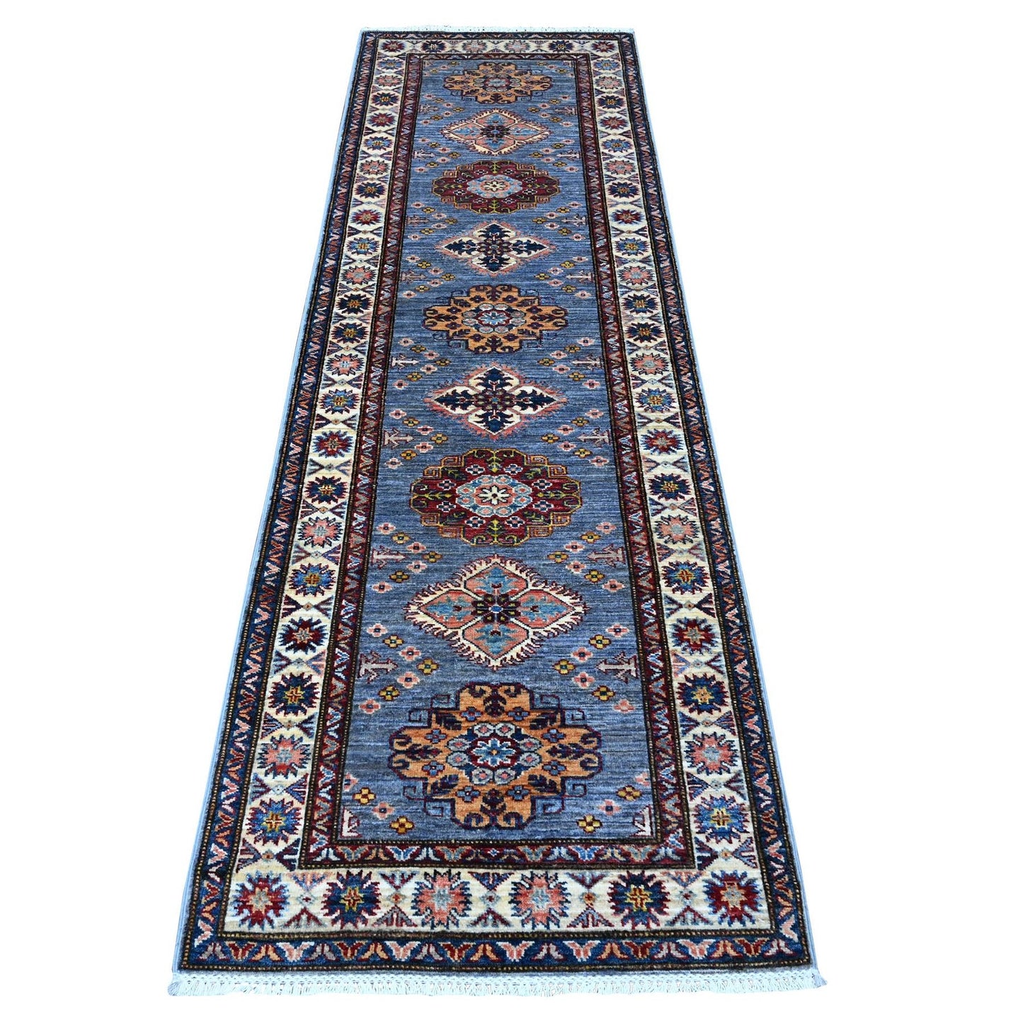 2'7"X8'4" Gray Hand Knotted Super Kazak Runner All Wool Oriental Rug
