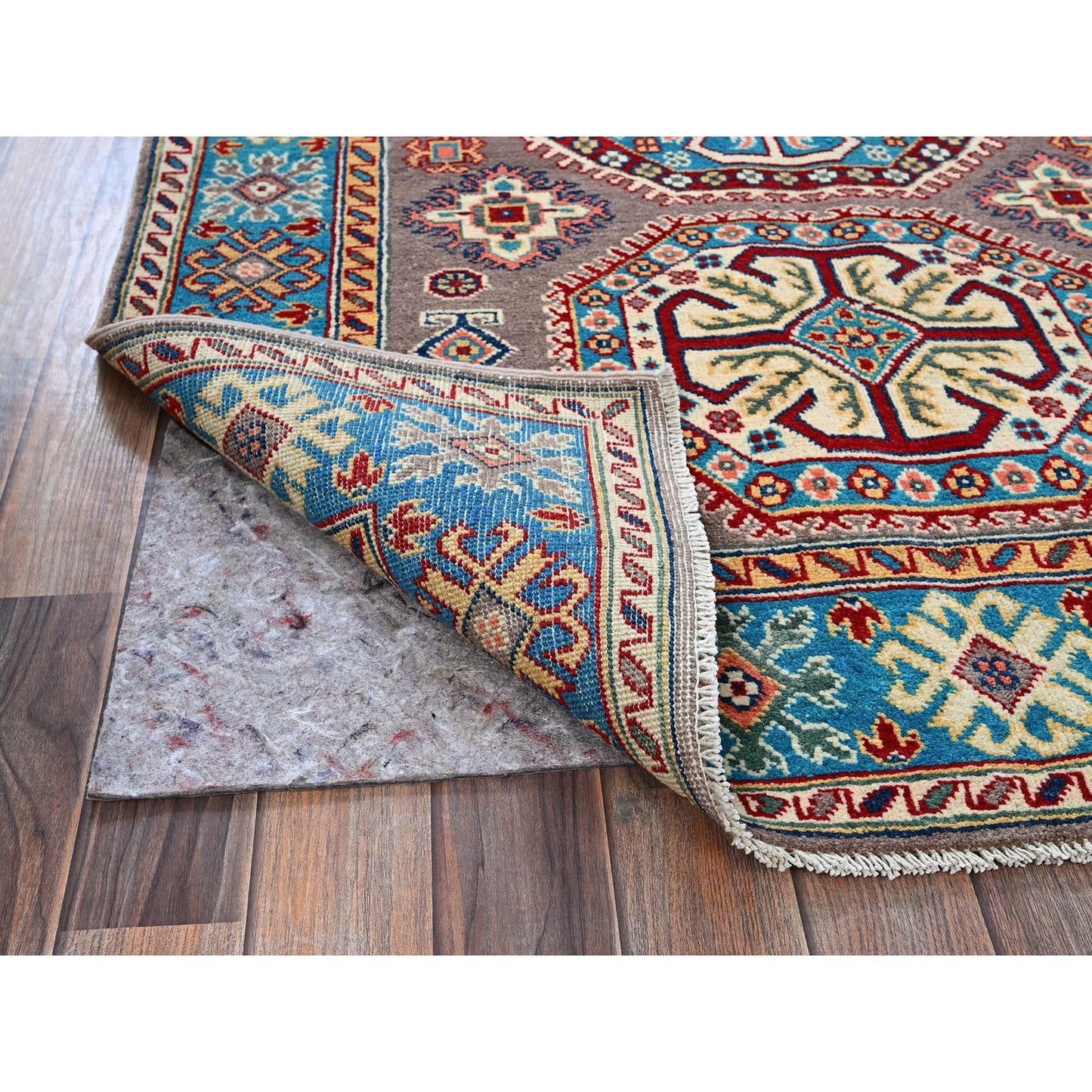 4'X5'9" Dove Gray Hand Knotted Kazak Geometric Medallions Design Wool Rug