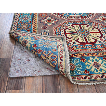 4'X5'9" Dove Gray Hand Knotted Kazak Geometric Medallions Design Wool Rug