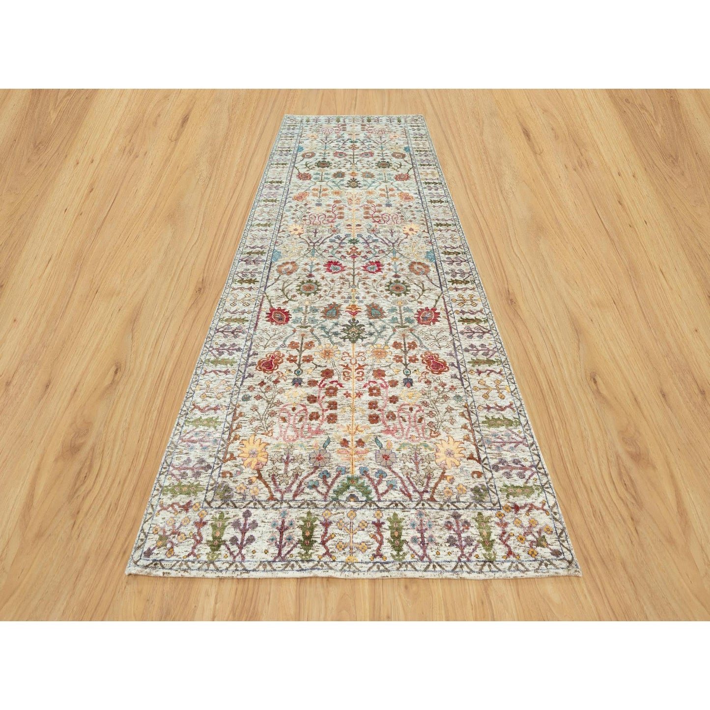 4'1"X12' Beige Hand Knotted Vase Design Silk And Wool Wide Runner Rug