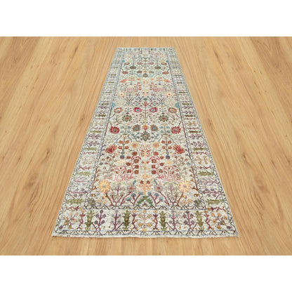 4'1"X12' Beige Hand Knotted Vase Design Silk And Wool Wide Runner Rug
