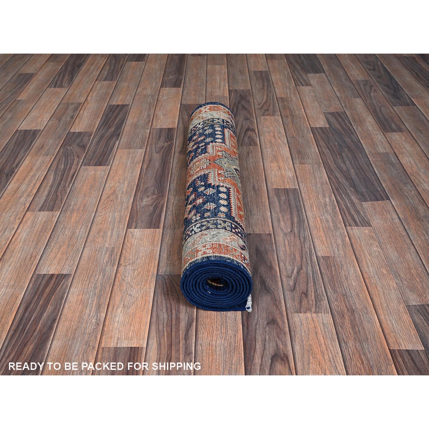 2'7"X8' Sailor Blue Caucasian Design Hand Knotted Soft Wool Runner Rug