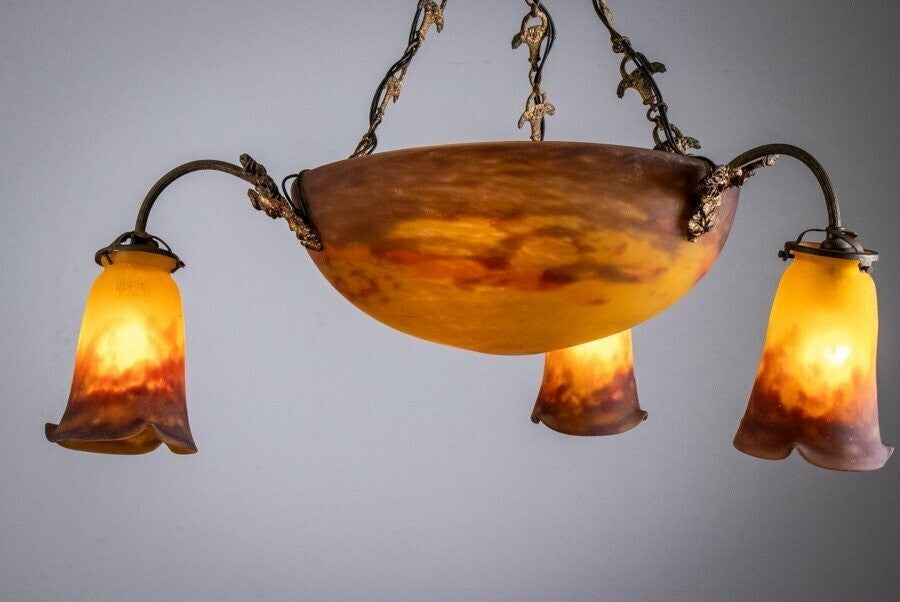 Muller Freres Signed Chandelier Gilt Bronze & Art