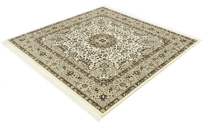 Hand-Knotted Kirman Square Rug Cream Floral Wool