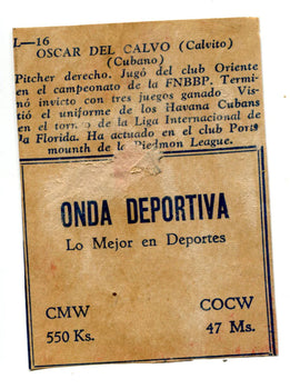 Oscar Del Calvo Havana Cuba Baseball Card