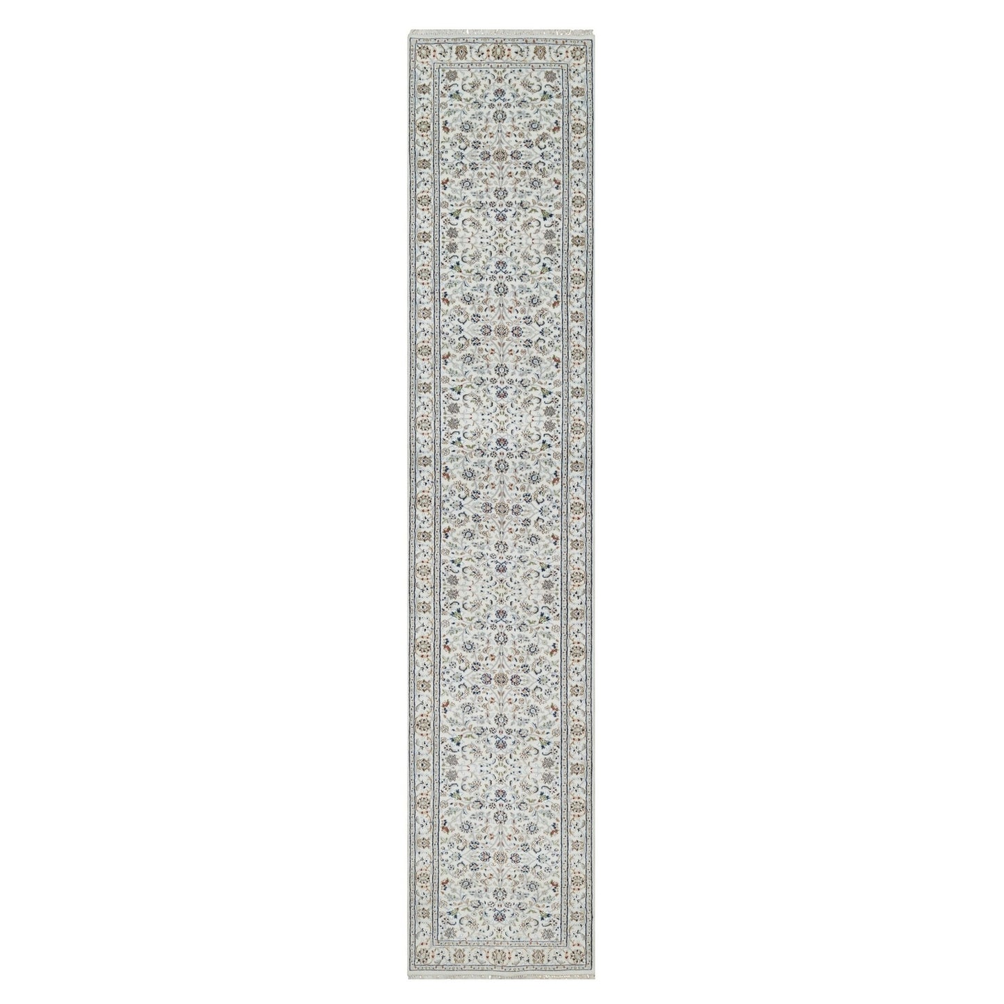 2'9"X14' White Wool And Silk Nain Flower Design Hand Knotted Runner Rug