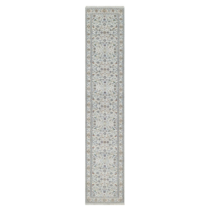 2'9"X14' White Wool And Silk Nain Flower Design Hand Knotted Runner Rug