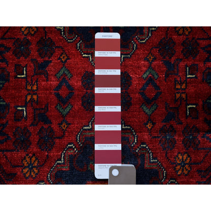 2'8"X12'6" Deep Red Hand Knotted Afghan Khamyab Pure Wool Runner Rug