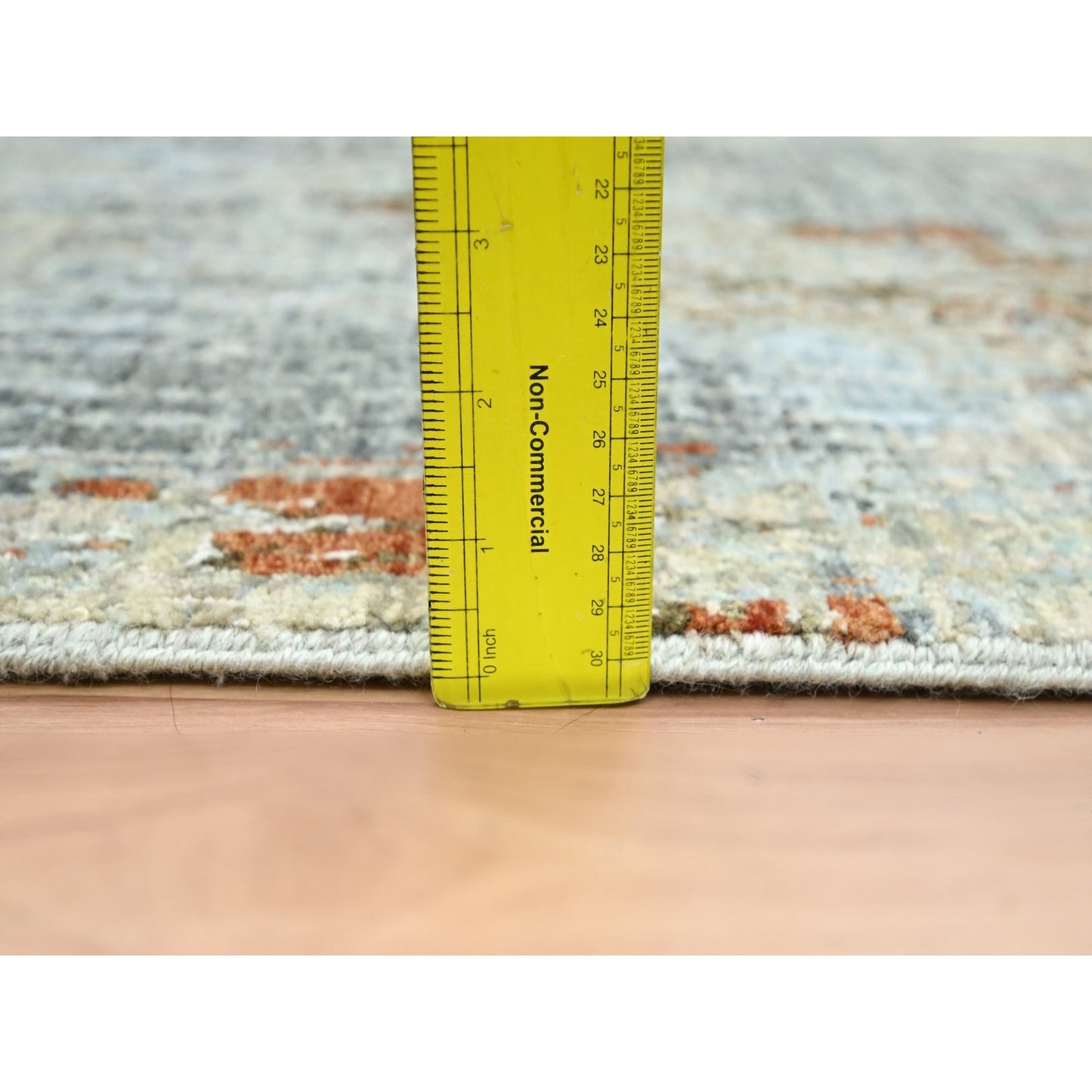 2'7"X13' Gray With Beige All Wool Abstract Design Hand Knotted Runner Rug