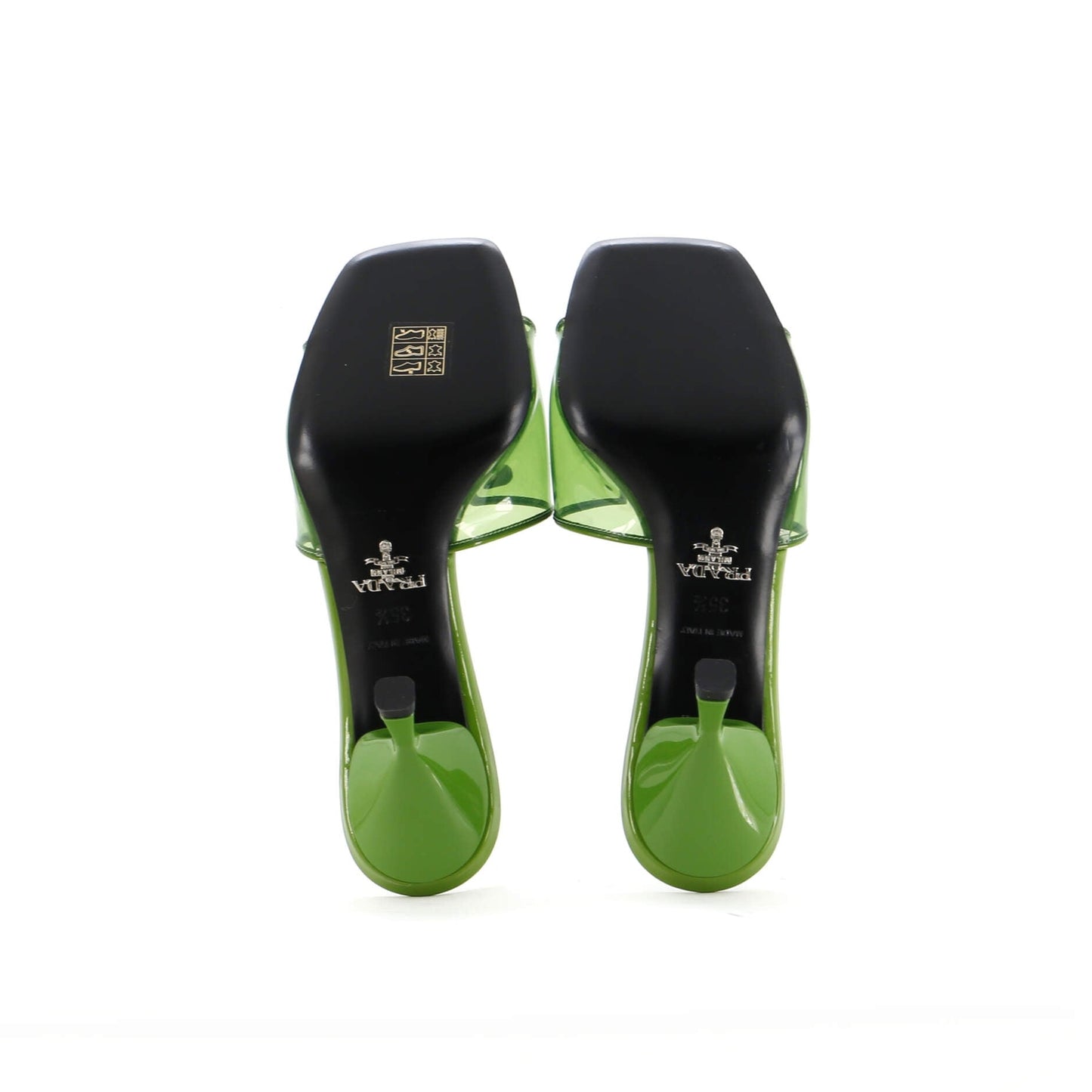 Prada Women'S Triangle Logo Kitten Heeled Sandals Pvc With Patent