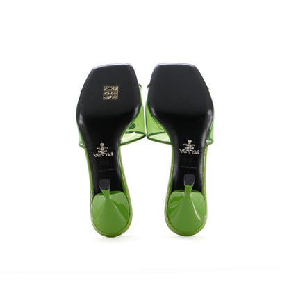 Prada Women'S Triangle Logo Kitten Heeled Sandals Pvc With Patent