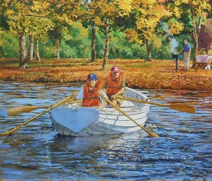 Oil painting of a lake scene with a boat in autumn, signed, large canvas.