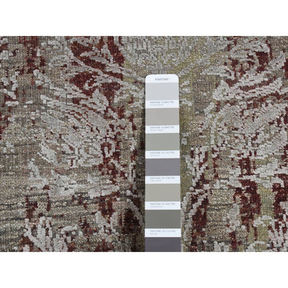 2'6"X9'10" Gray Erased Tulip Design Silk/Wool Hand Knotted Runner Rug
