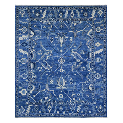 8'1"X9'8" Blue Hand Knotted Afghan Angora Oushak Vines Design Wool Rug