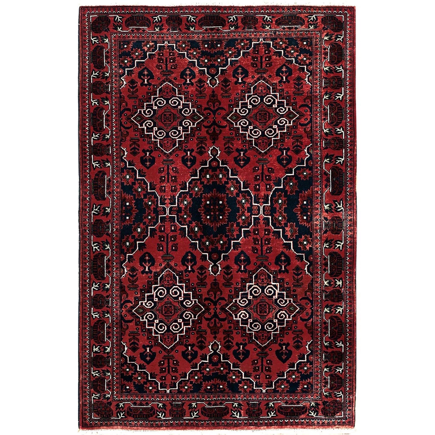 3'10"X6' Red Afghan Khamyab Geometric Design Hand Knotted Pure Wool Rug