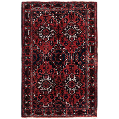 3'10"X6' Red Afghan Khamyab Geometric Design Hand Knotted Pure Wool Rug