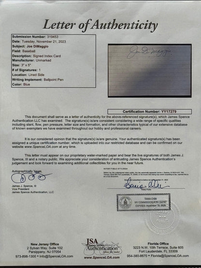 Joe Dimaggio Autographed 3X5 Index Card Framed