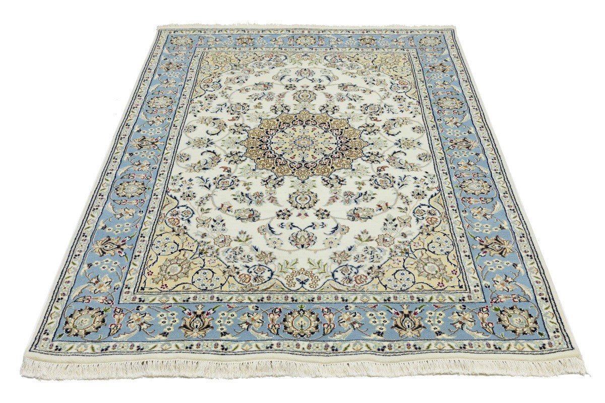 5X7 Handmade Indo-Nain Oriental Rug Cream Light Blue Floral Medallion Carpet