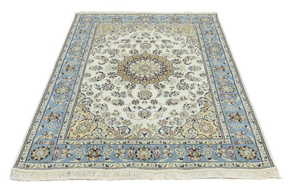 5X7 Handmade Indo-Nain Oriental Rug Cream Light Blue Floral Medallion Carpet