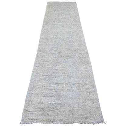 2'10"X11'10" Gray Hand Knotted Angora Oushak Leaf Design Wool Runner Rug