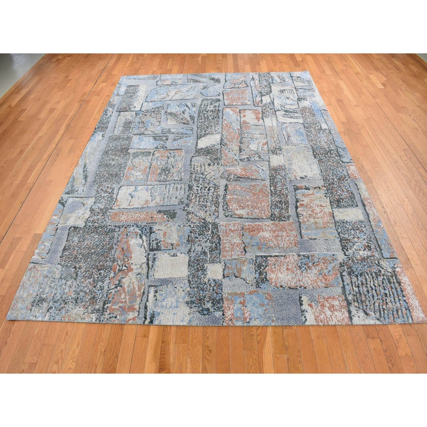 9'X12'2" Blue Modern Brick Design Hand Knotted Wool And Silk Rug